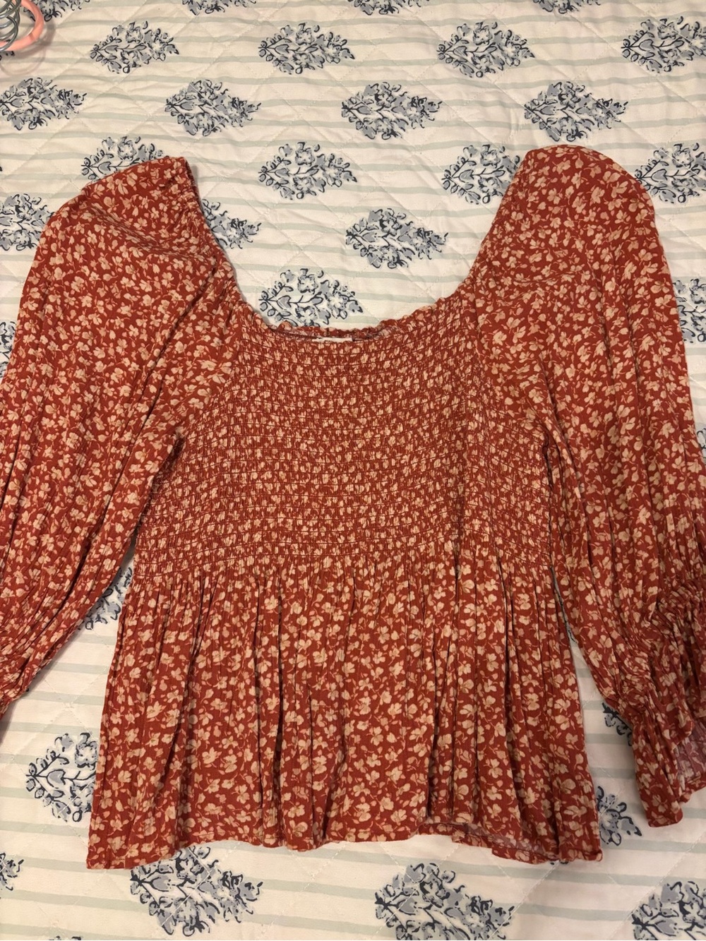 American Eagle Outfitters Rust Floral Smocked Top with Cream Print